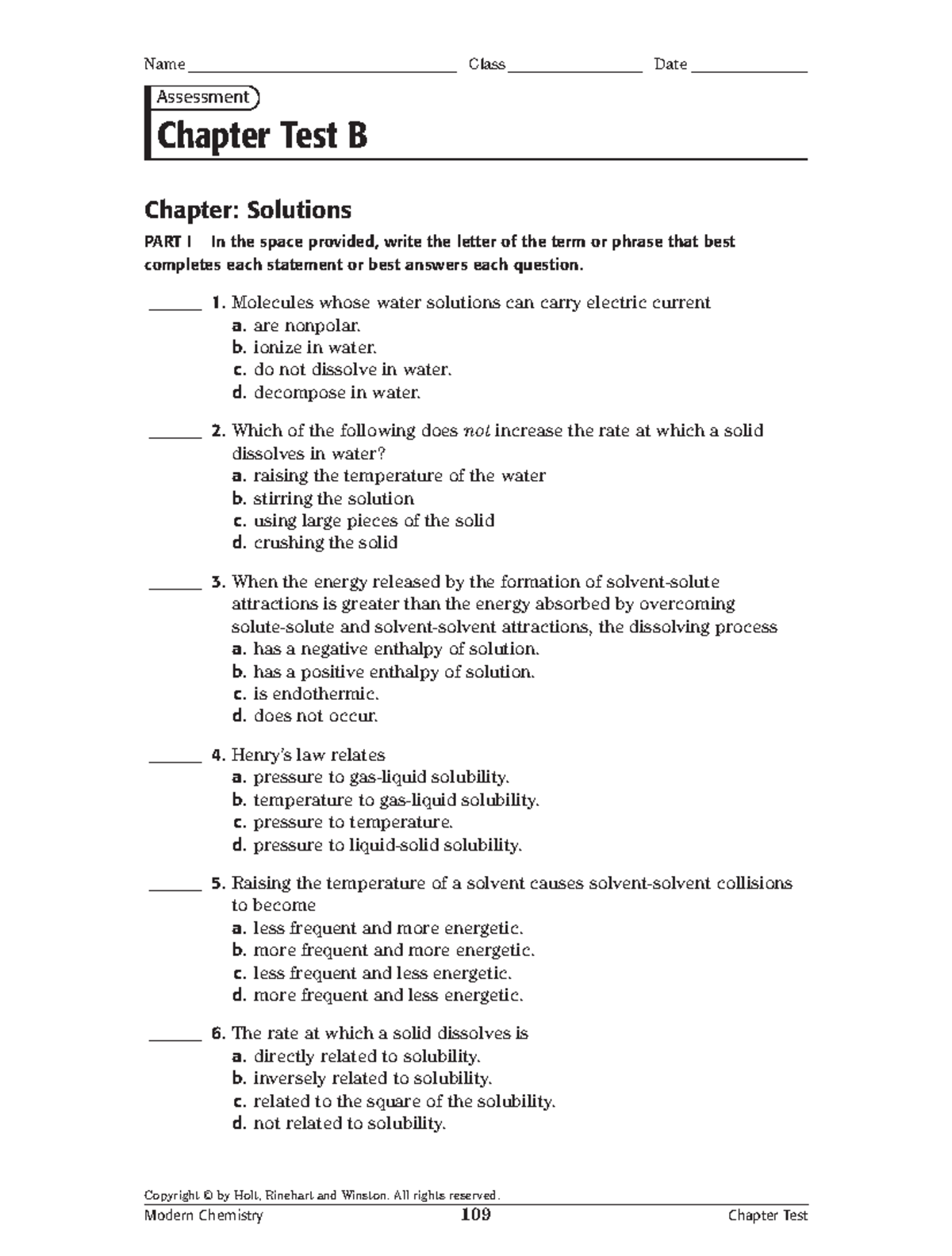 Solutions Review B - Ch 12 Solution - Copyright © By Holt, Rinehart And ...