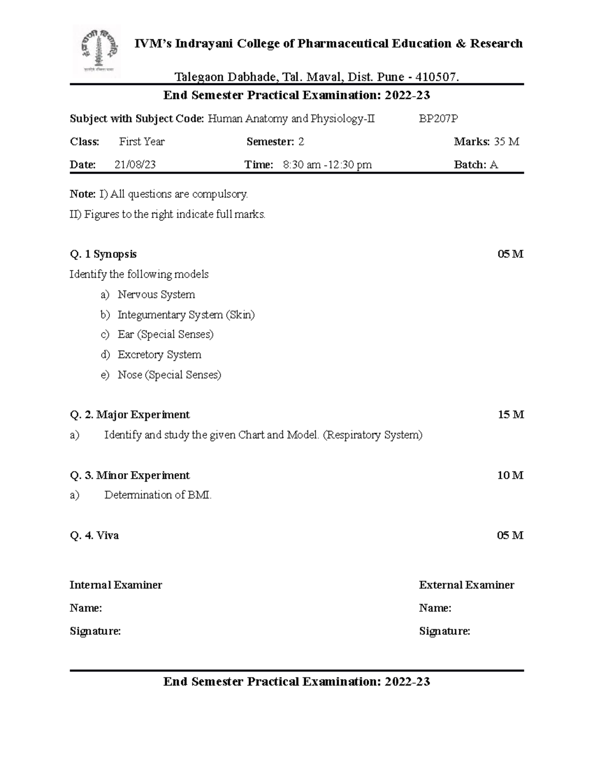 Sessional Practical Exam Question Paper Format - IVM’s Indrayani ...