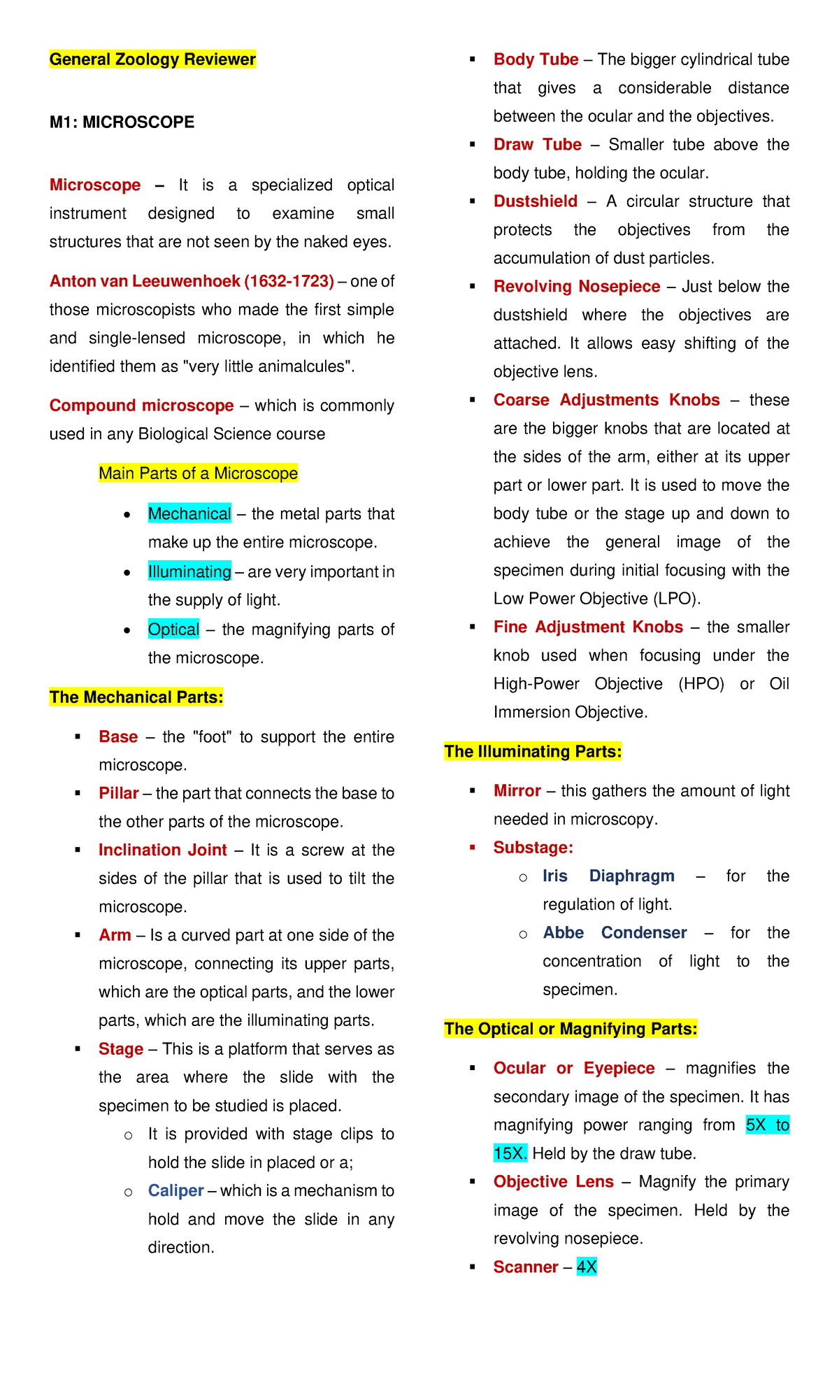 General-Zoology-Reviewer - General Zoology Reviewer M1: MICROSCOPE ...