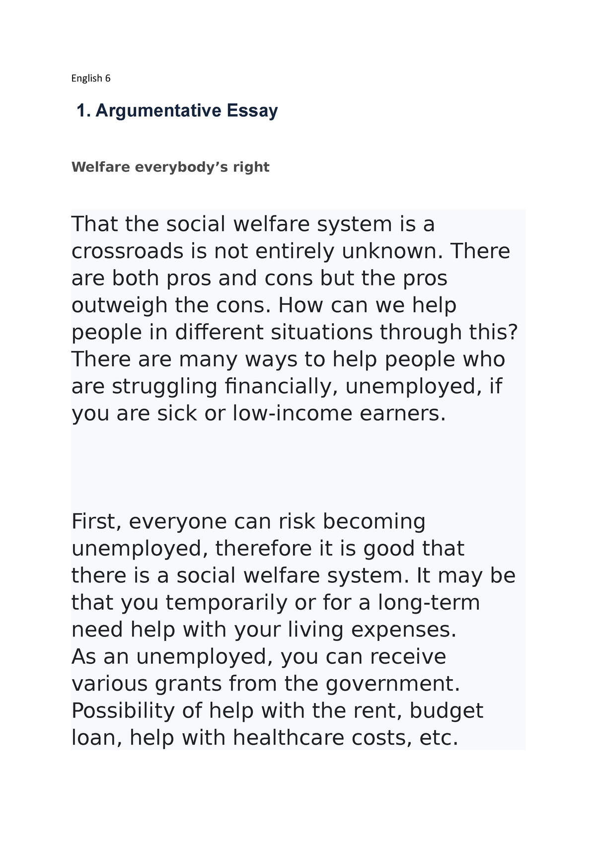 social welfare argumentative essay
