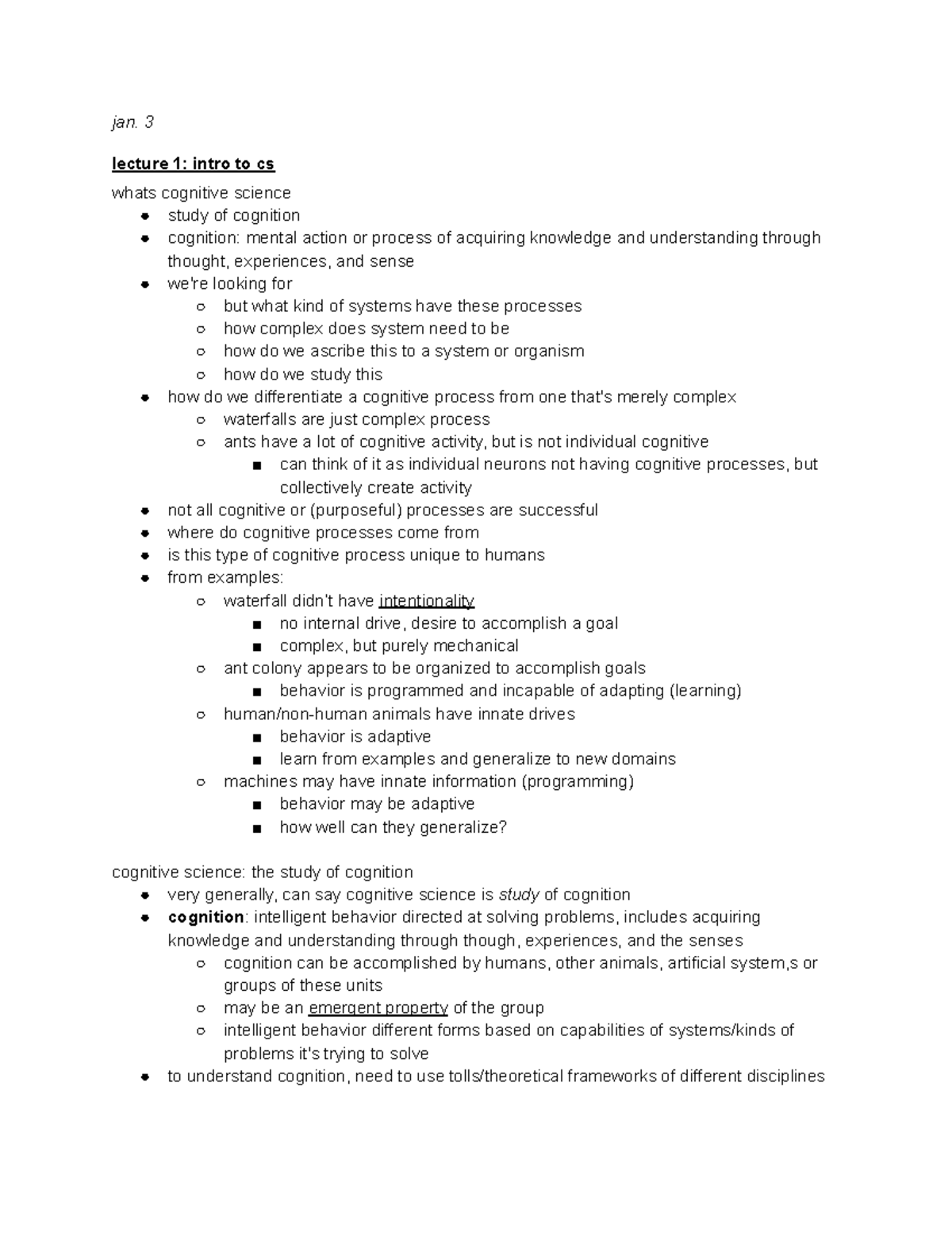 COGS 1 Intro to Cognitive Science: Lecture 1-1 - jan. 3 lecture 1 ...