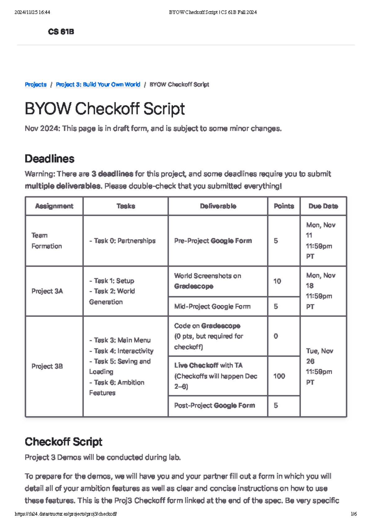 BYOW Checkoff Script CS 61B Fall 2024 CS 61 B Projects / Project 3