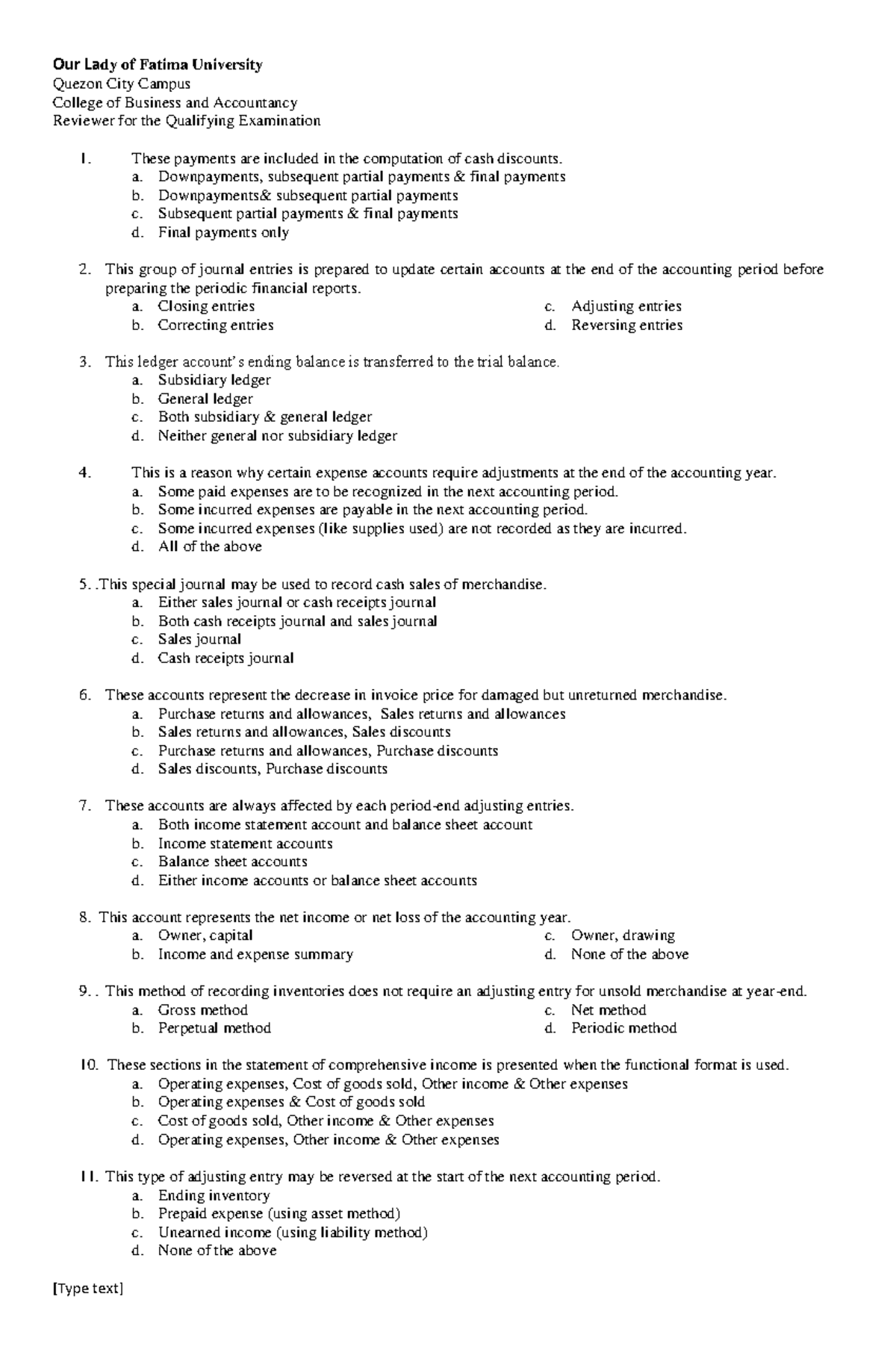 Qualifying Exam Review Qs Final - Our Lady of Fatima University Quezon ...