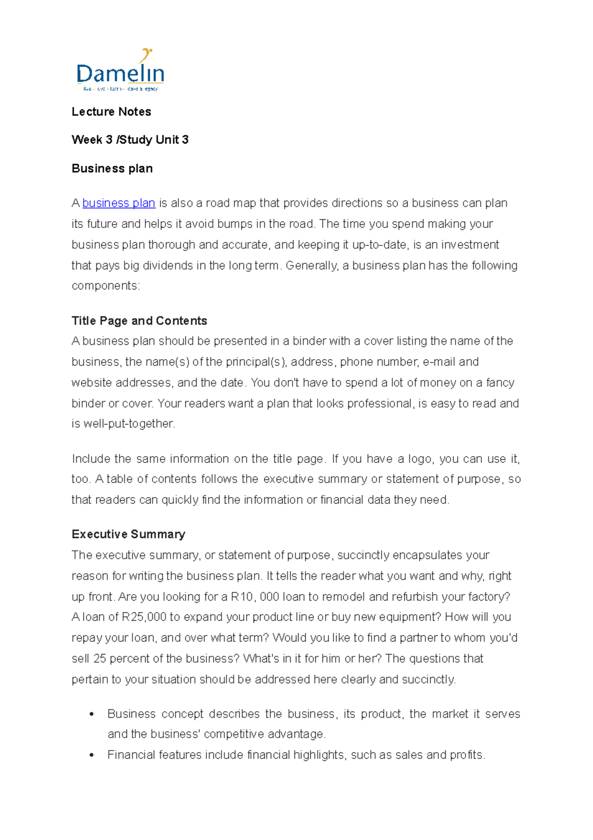 How to write a Business Plan - Lecture Notes Week 3 /Study Unit 3 ...