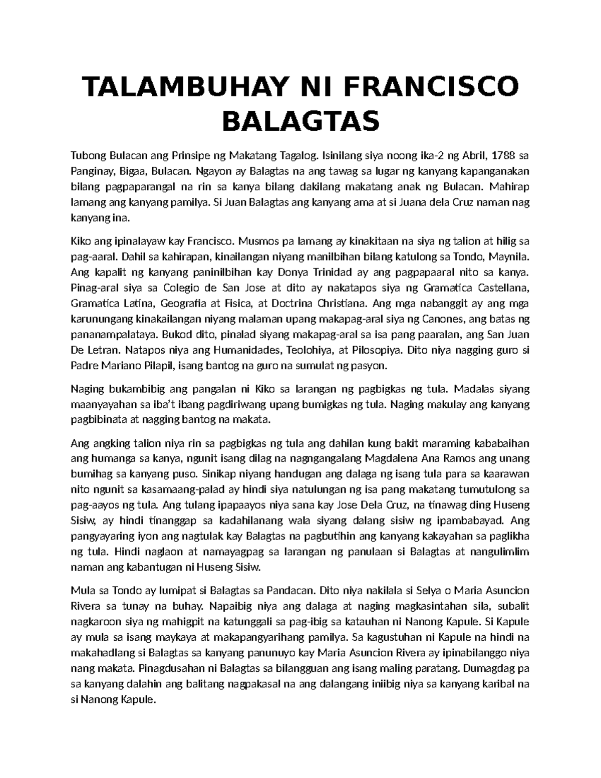 Notes Talambuhay Ni Francisco Balagtas Talambuhay Ni Francisco Balagtas Tubong Bulacan Ang 9578