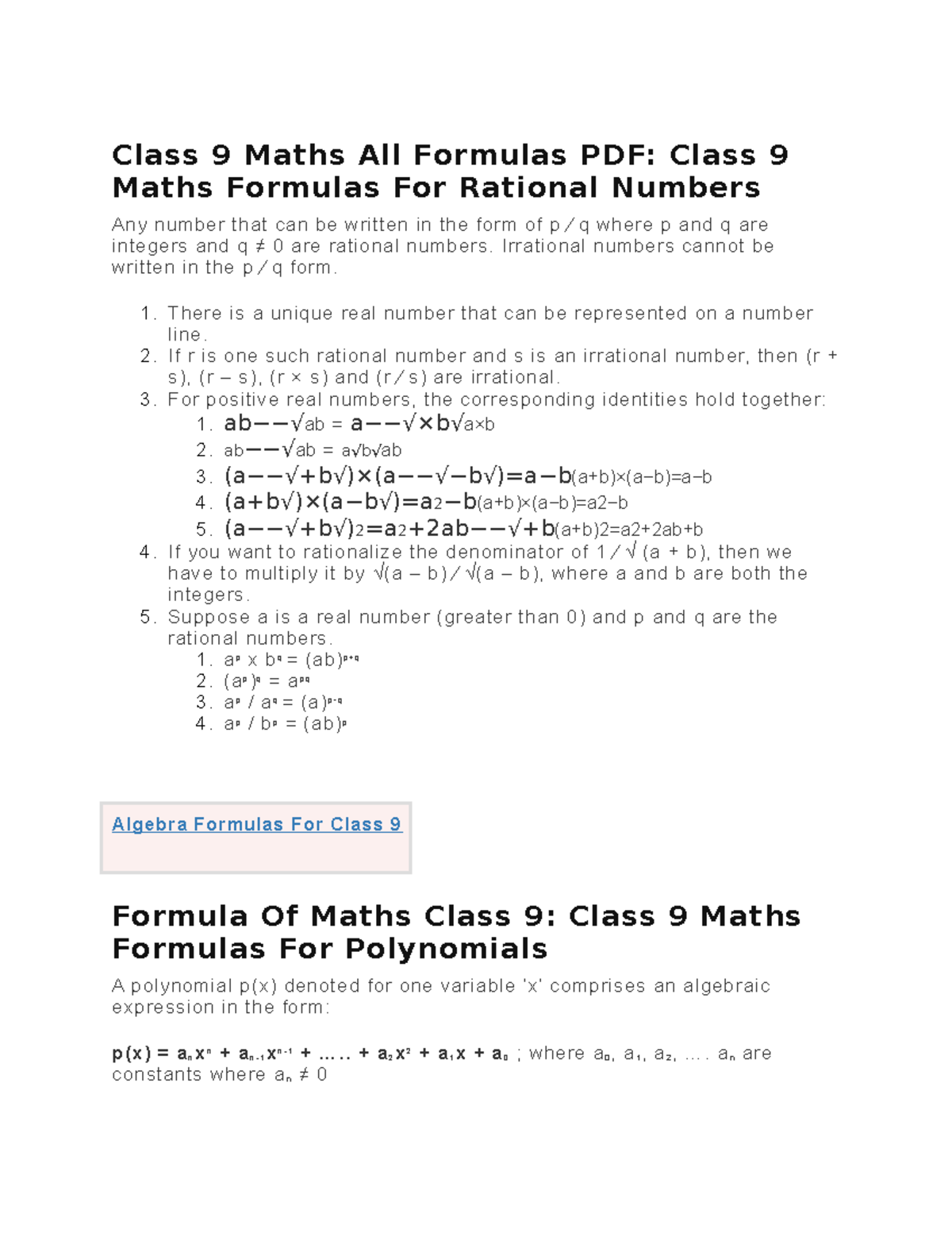 Class 9 maths all formulas pdf irrational numbers cannot be written