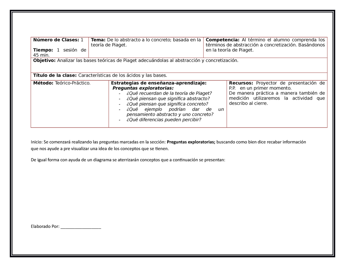 Planeaci n 2 Teor a Piaget N mero de Clases 1 Tiempo 1