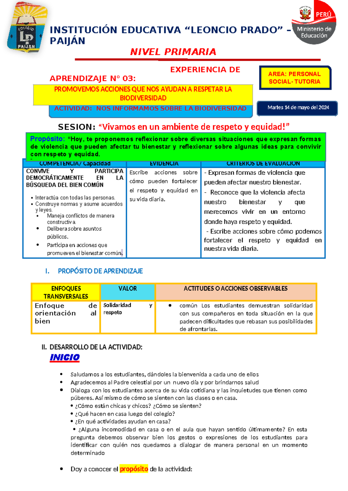 14 DE MAYO Tutoria ¡Vivamos en un ambiente de respeto y equidad ...