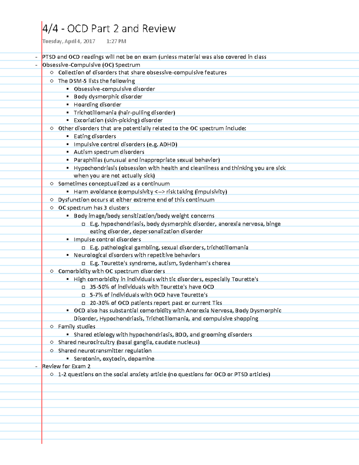 PSY422 4-4-17 Notes - OCD Part 2 and Review Tuesday, April 4, 2017 1:27 ...