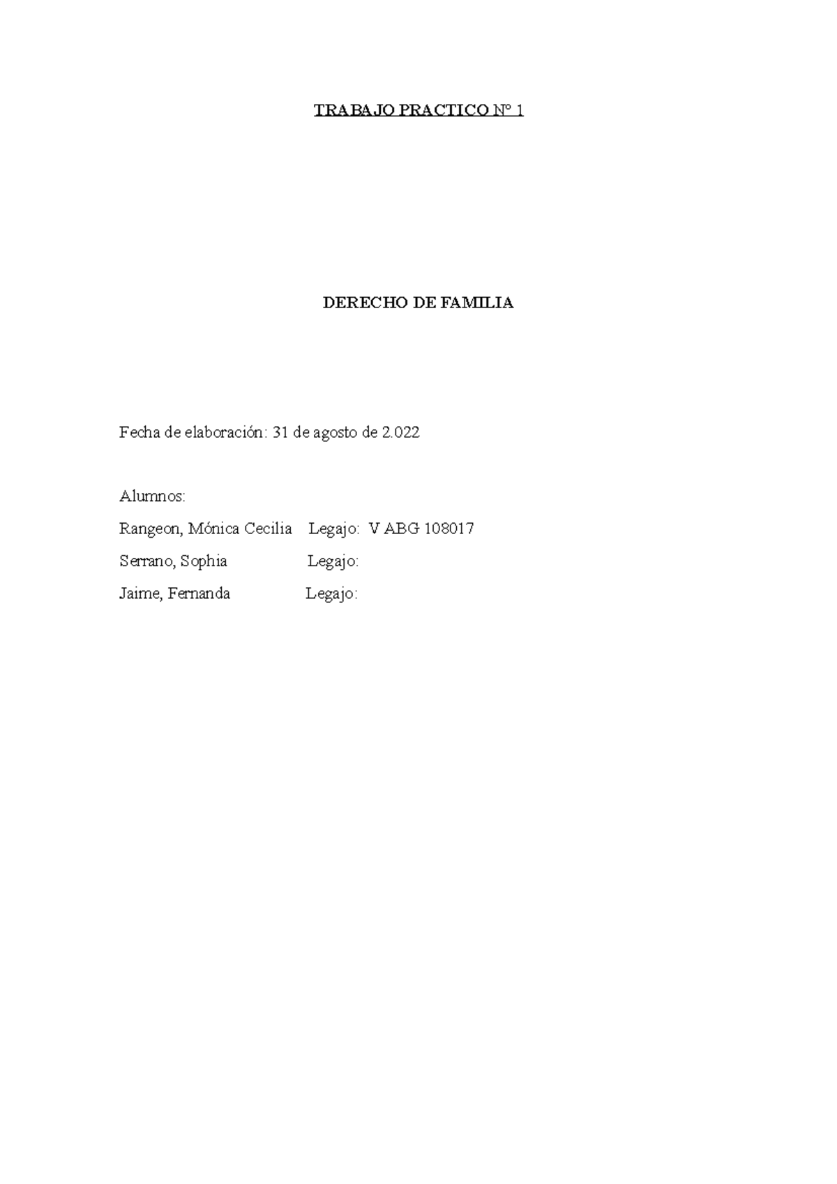 Trabajo Practico Nº 1 Derecho De Familia Trabajo Practico Nº 1