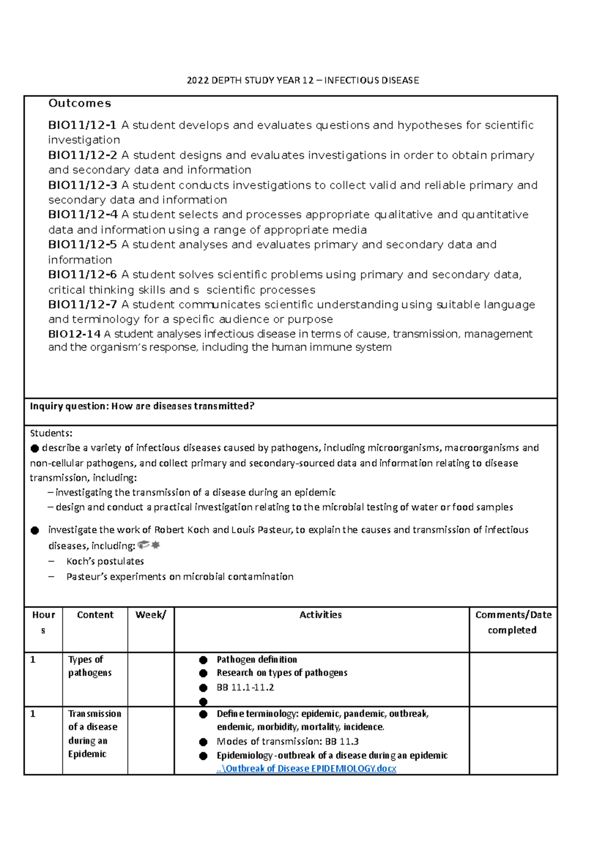 2022 Depth Study Outline Final - 2022 DEPTH STUDY YEAR 12 – INFECTIOUS ...