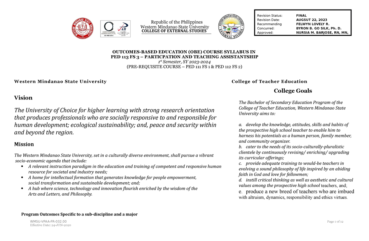 PED 113 FS3 Syllabus BSED - Republic Of The Philippines Western ...