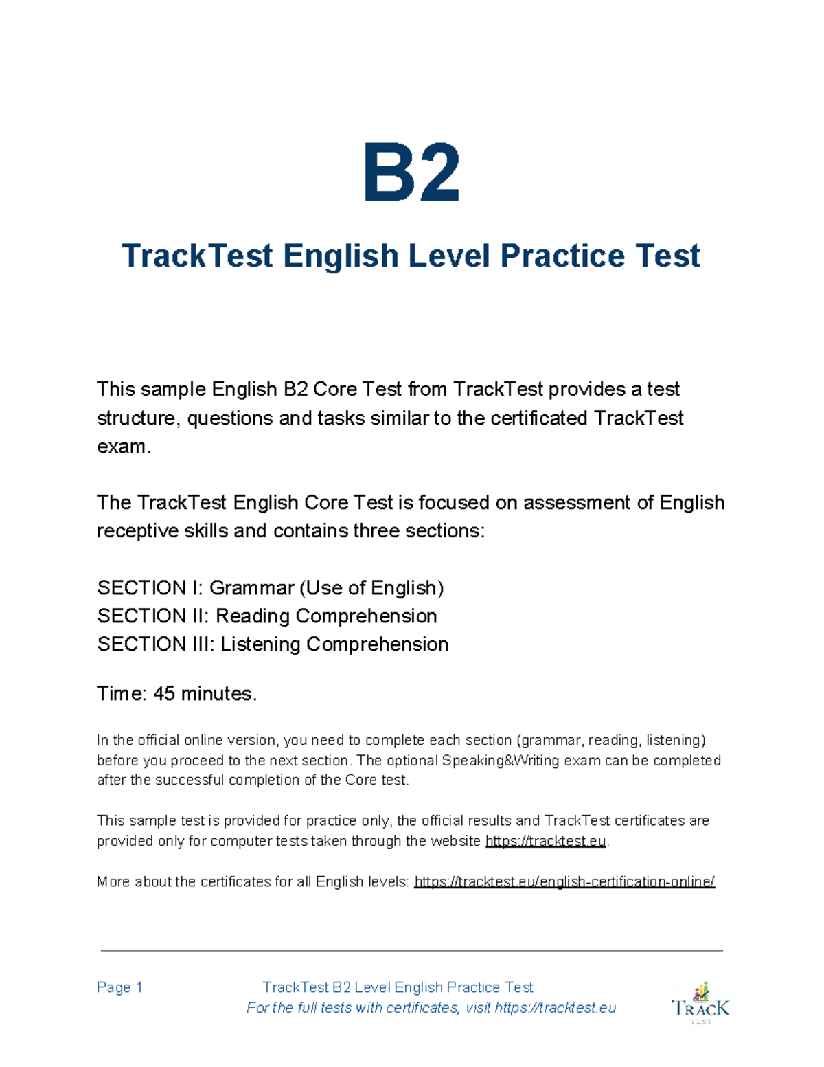 B2 English test with answer key B TrackTest English Level Practice