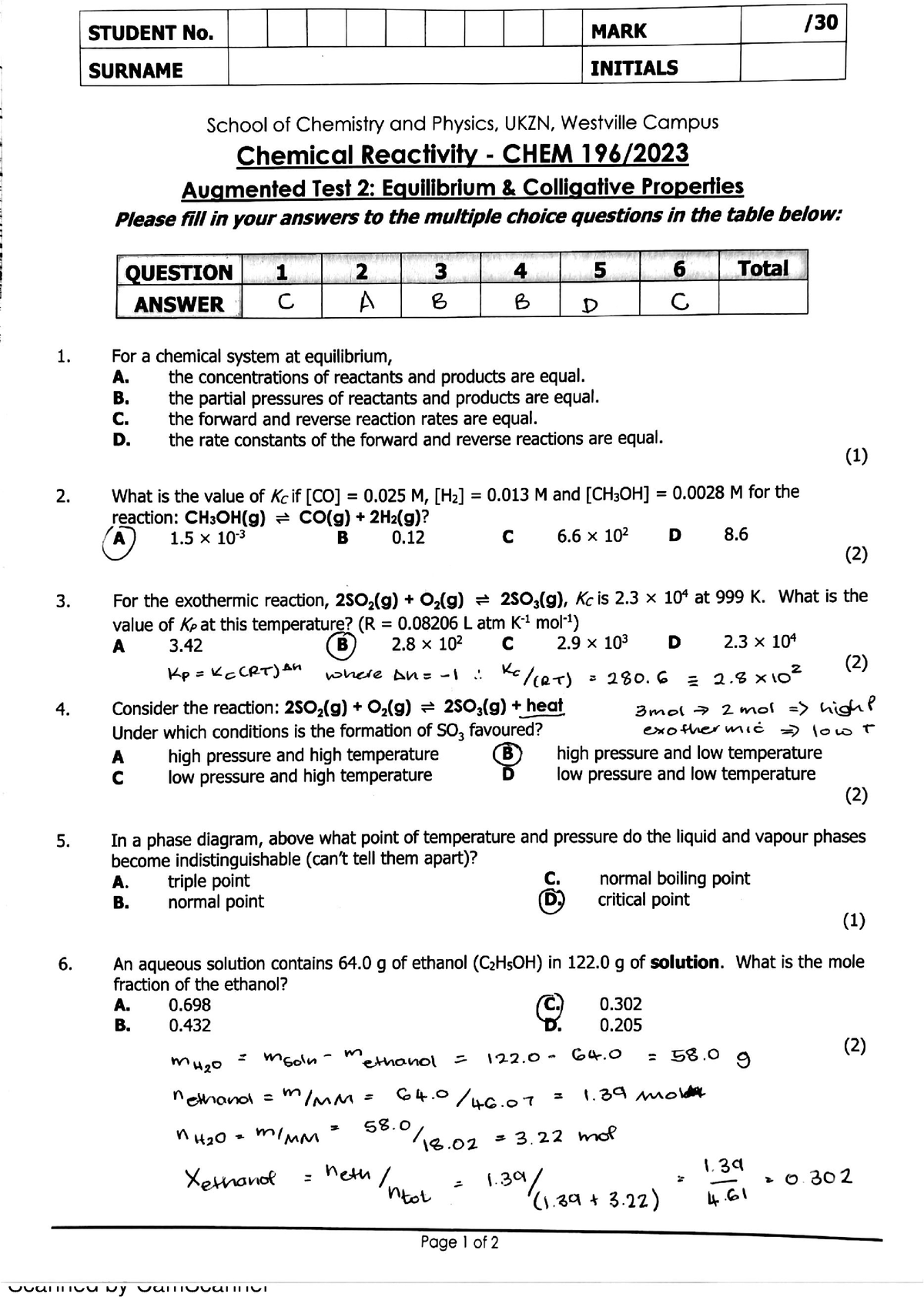 Test 2 - Equilibrium Colligative Properties - Practice test Model ...