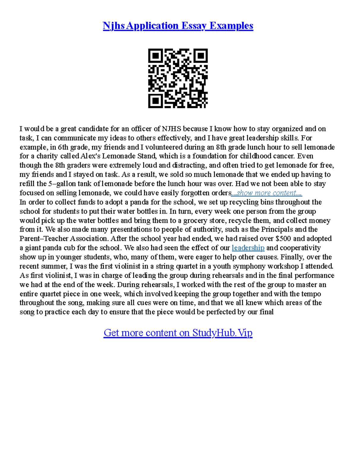 njhs application essay sample