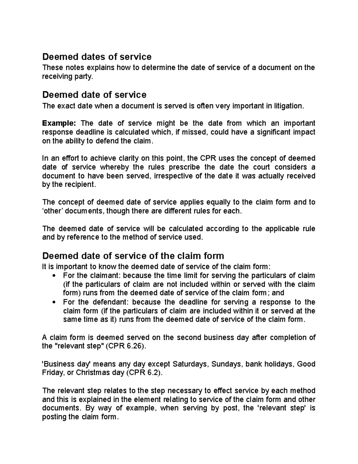 Deemed dates of service Deemed dates of service These notes explains