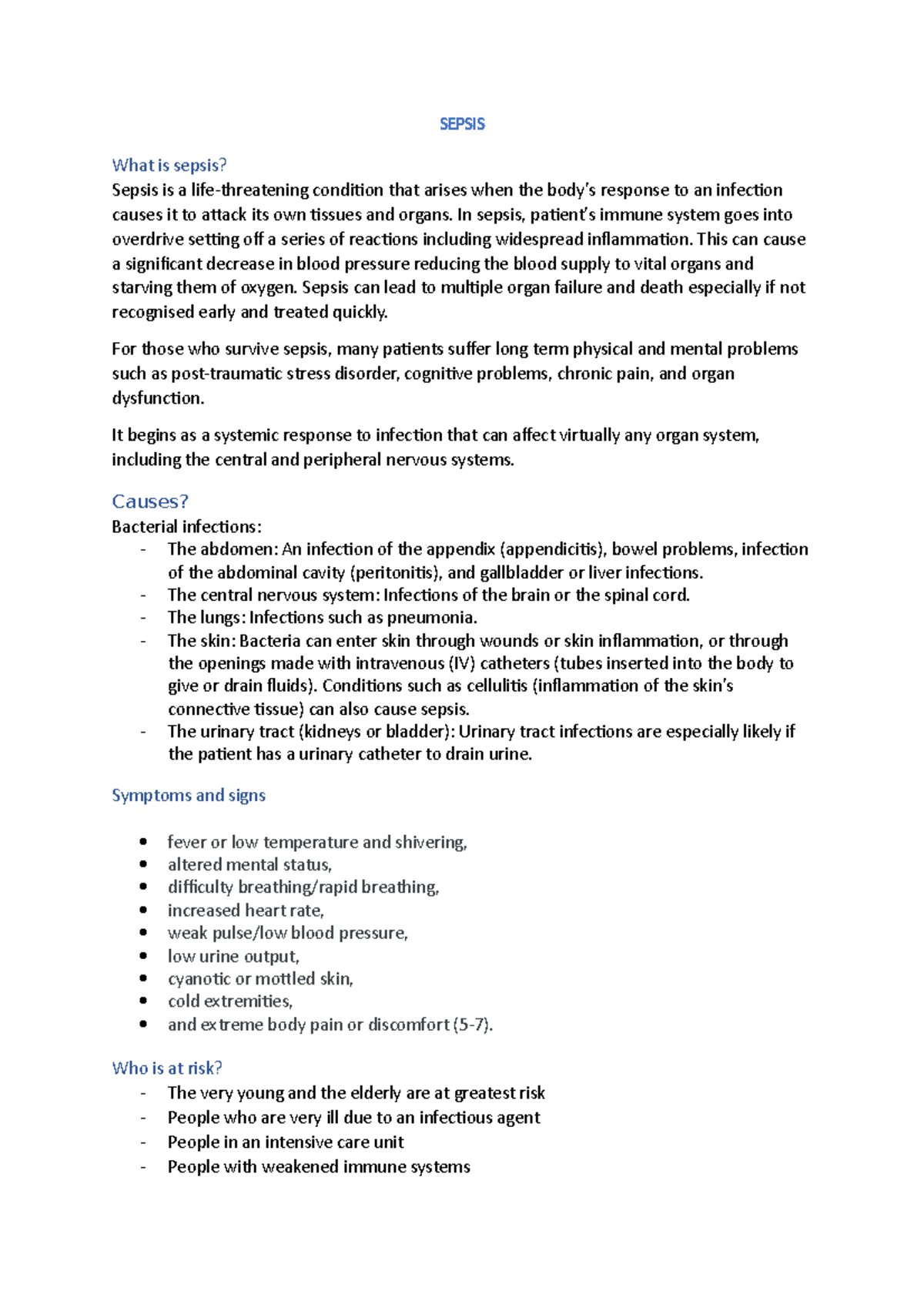 Sepsis Summary/cribsheet SEPSIS What is sepsis? Sepsis is a life