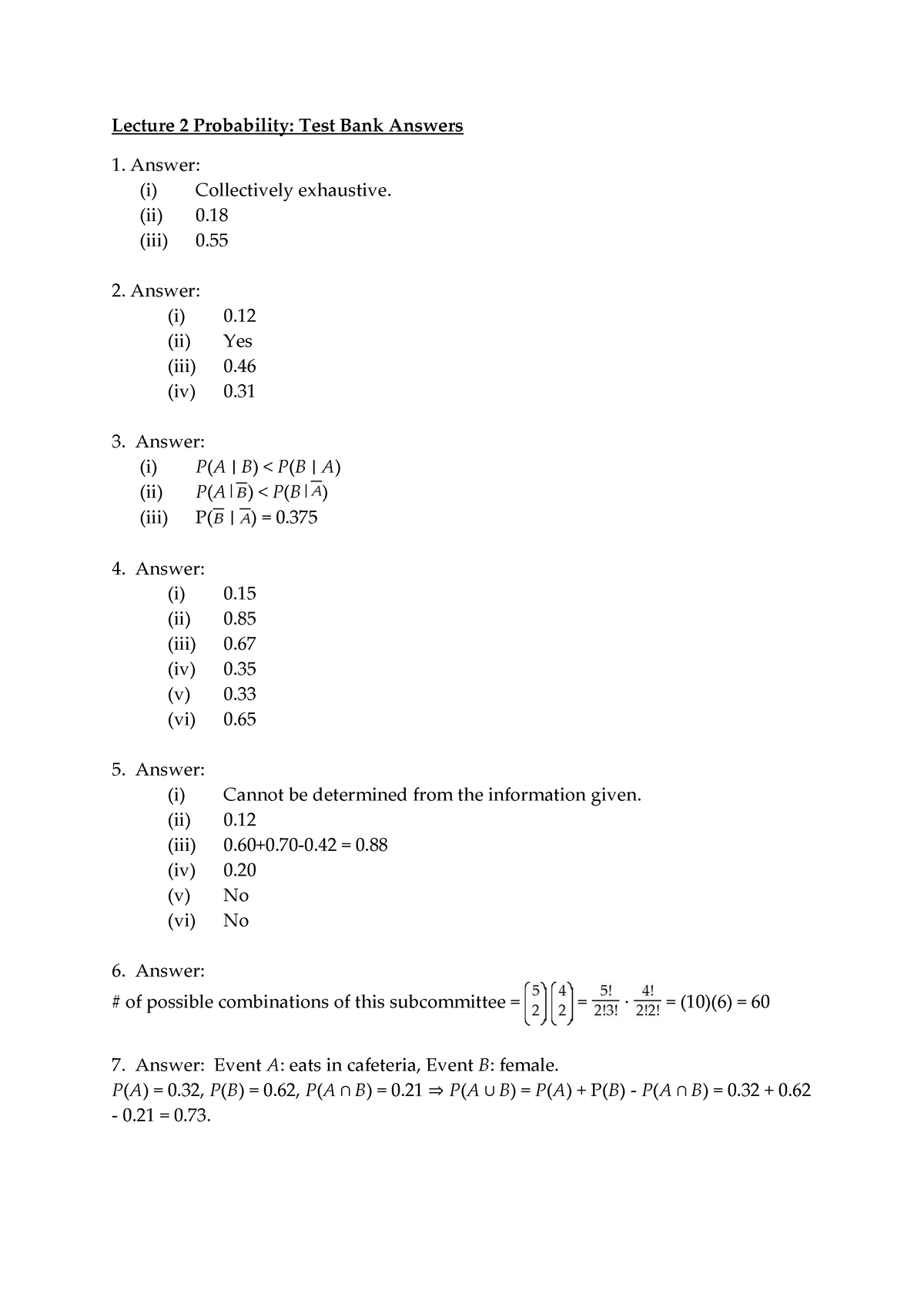 Lecture 2 Test Bank Answer Key - Lecture 2 Probability: Test Bank ...