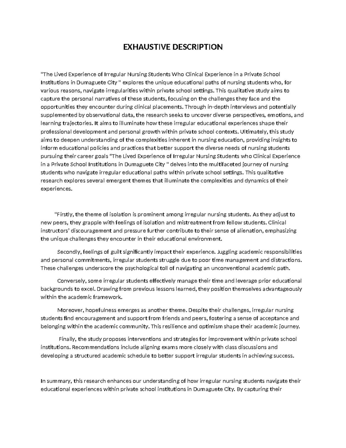 Exhaustive Description EXHAUSTIVE DESCRIPTION "The Lived Experience