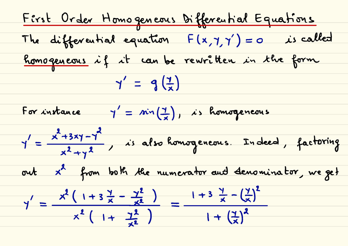 First Order Homogeneous First Order Homogeneous Differential Equations The 1988