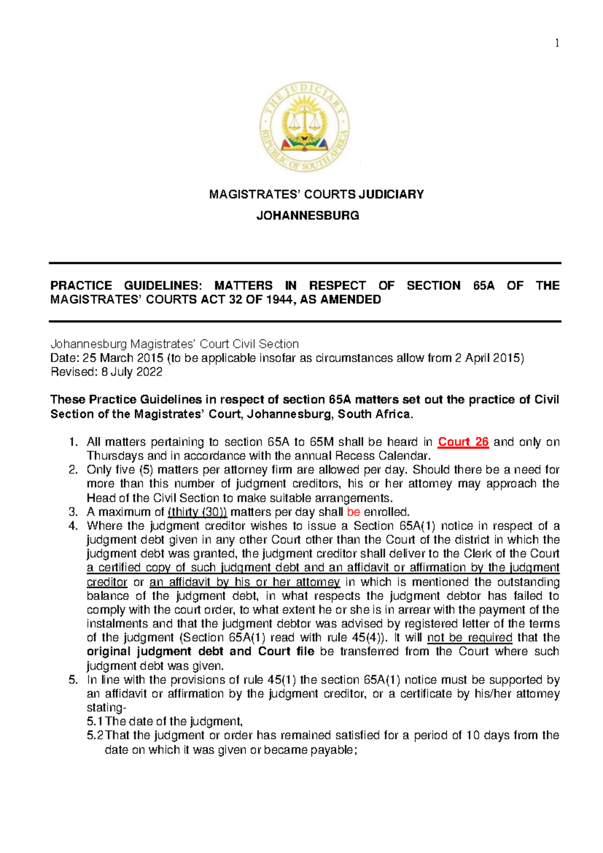 Practice Guidelines Section 65A Matters 1 MAGISTRATES’ COURTS
