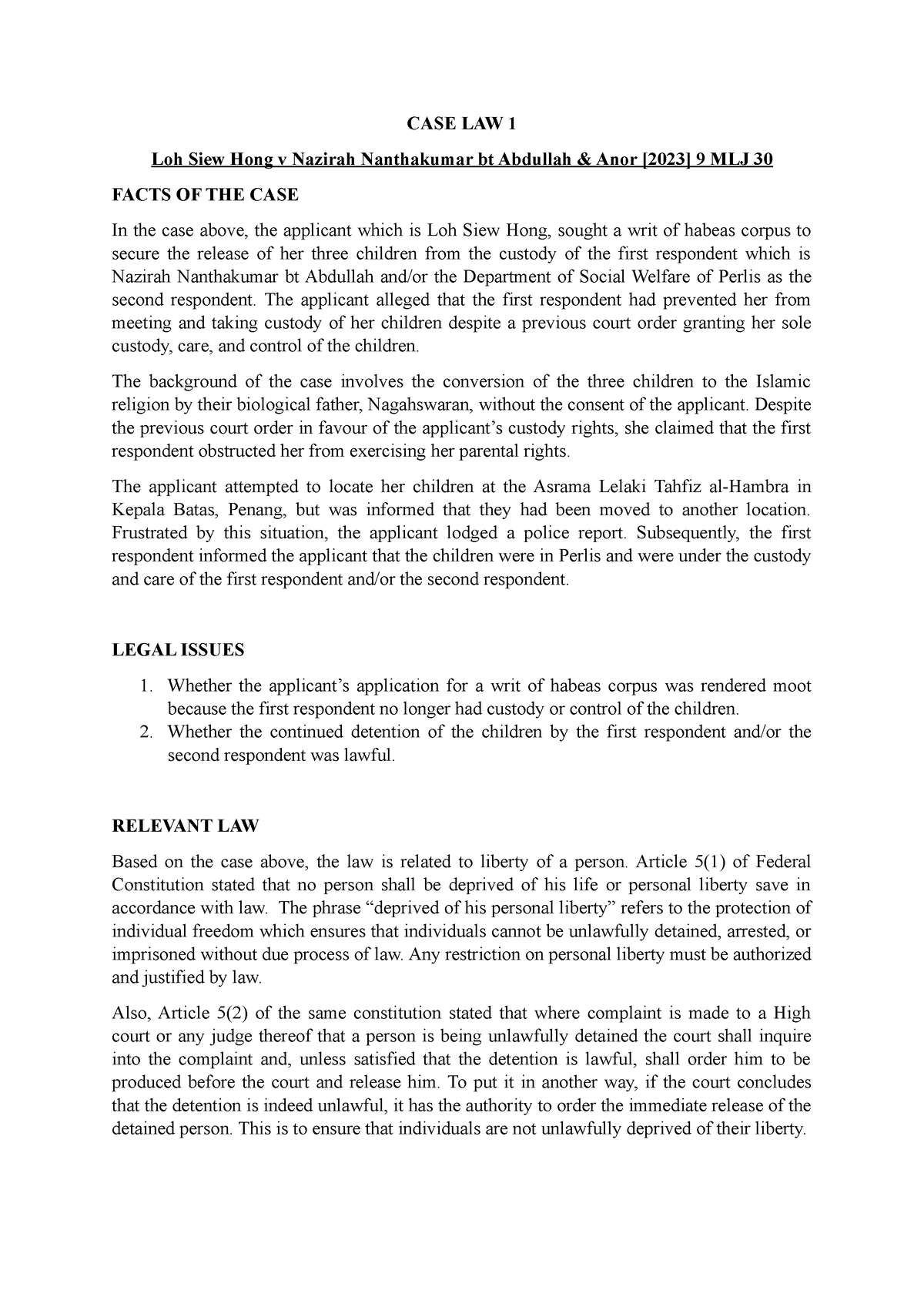 CASE LAW 1 Emagazine - ASSIGNMENT - CASE LAW 1 Loh Siew Hong v Nazirah ...