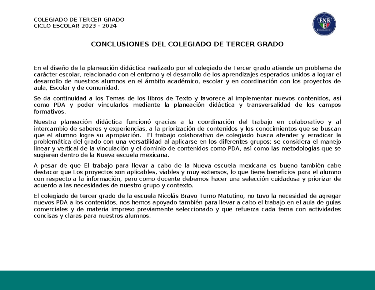 Colegiado De Tercer Grado Conclusiones Sep Colegiado De Tercer Grado Ciclo Escolar