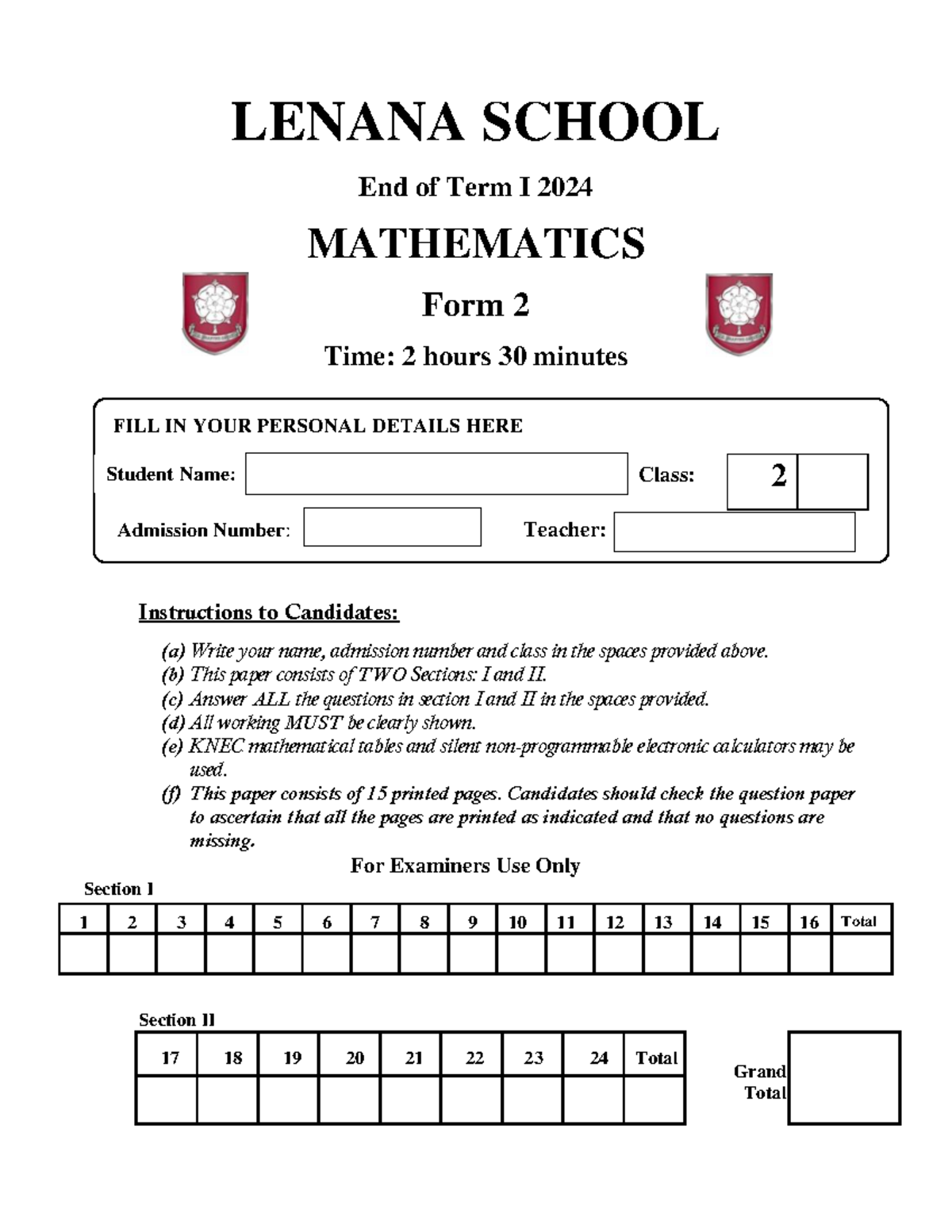 FORM 2 MATH END TERM I 2024 - LENANA SCHOOL End of Term I 2024 ...