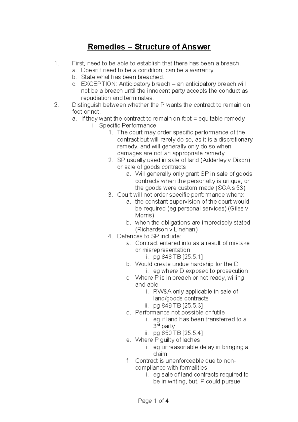Remedies - NOTES - Remedies – Structure of Answer First, need to be ...