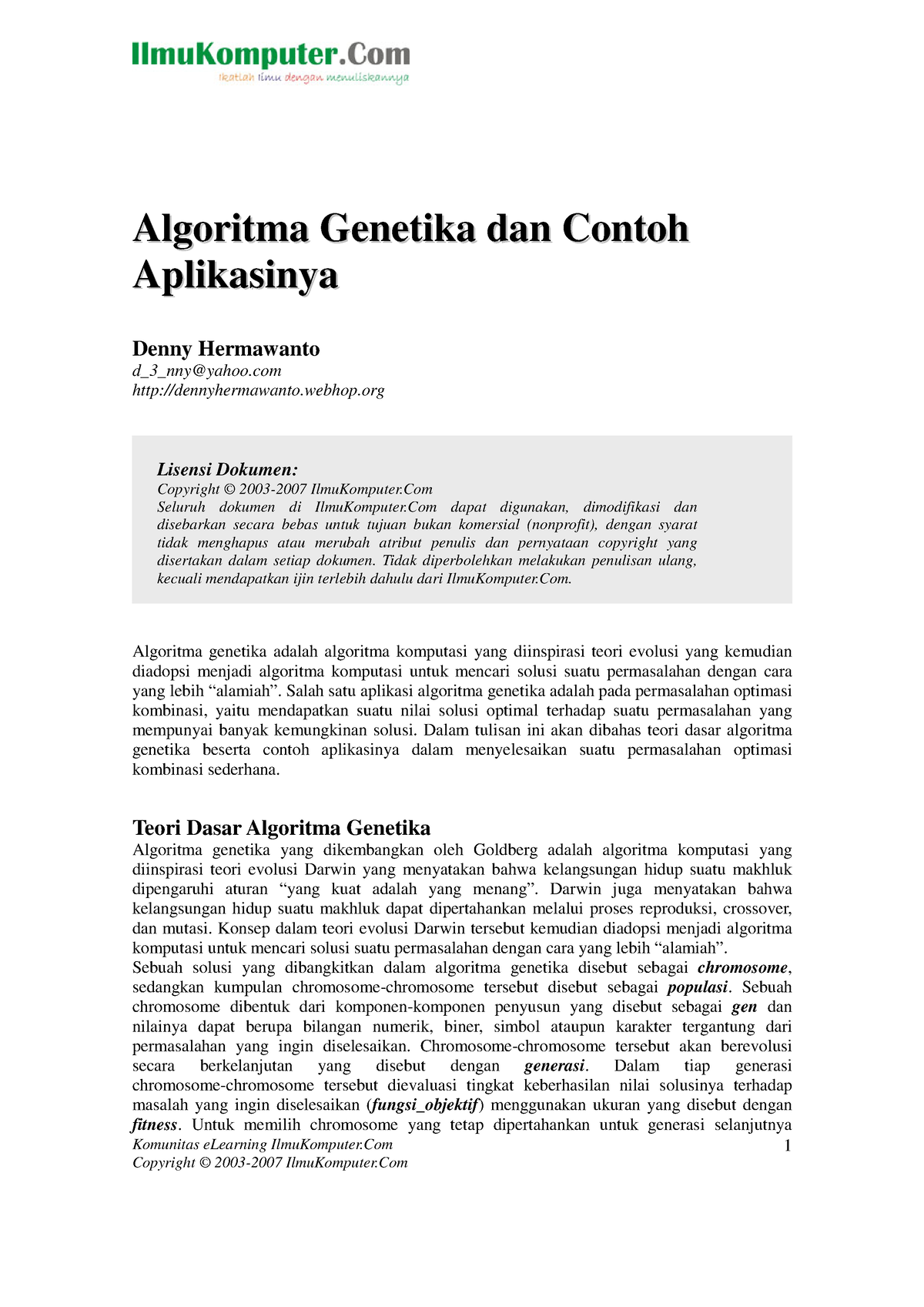 Algoritma Genetika Dan Contoh Aplikasinya - Denny Hermawanto - Computer ...