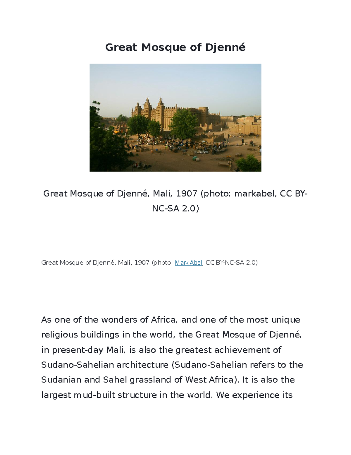 Great Mosque of Djenné - It is also the largest mud-built structure in ...