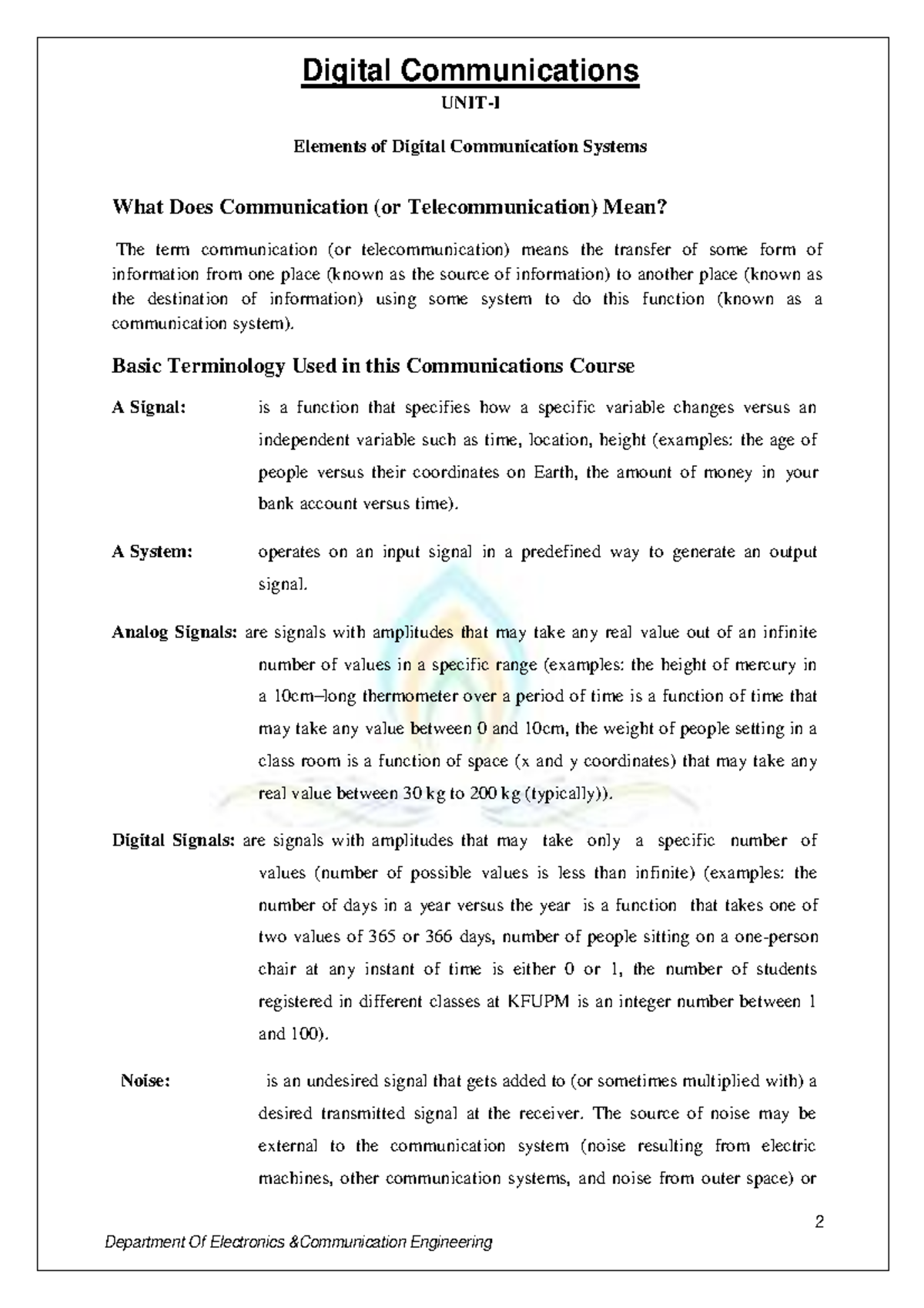 Best dc notes - 2 Digital Communications UNIT-I Elements of Digital ...