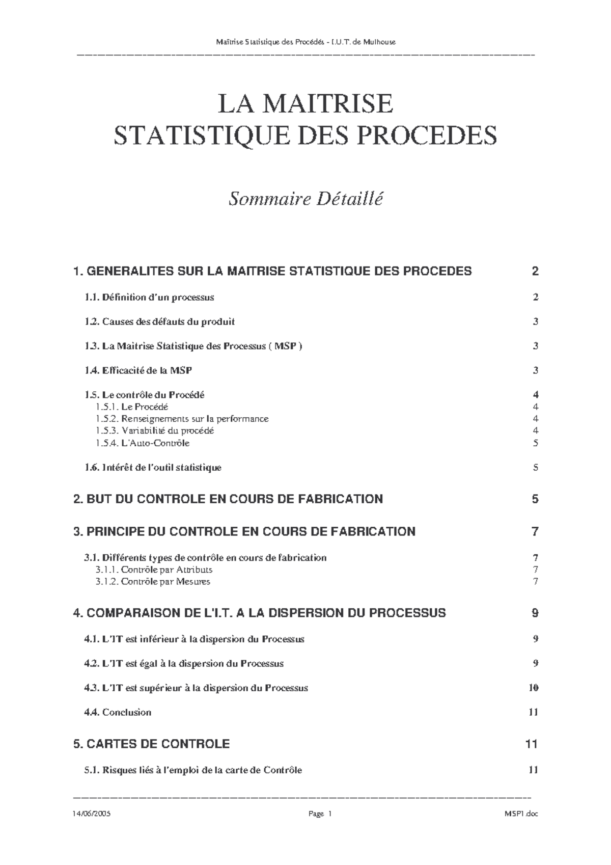MSP1 - maitrise statistique des procédés - - Studocu