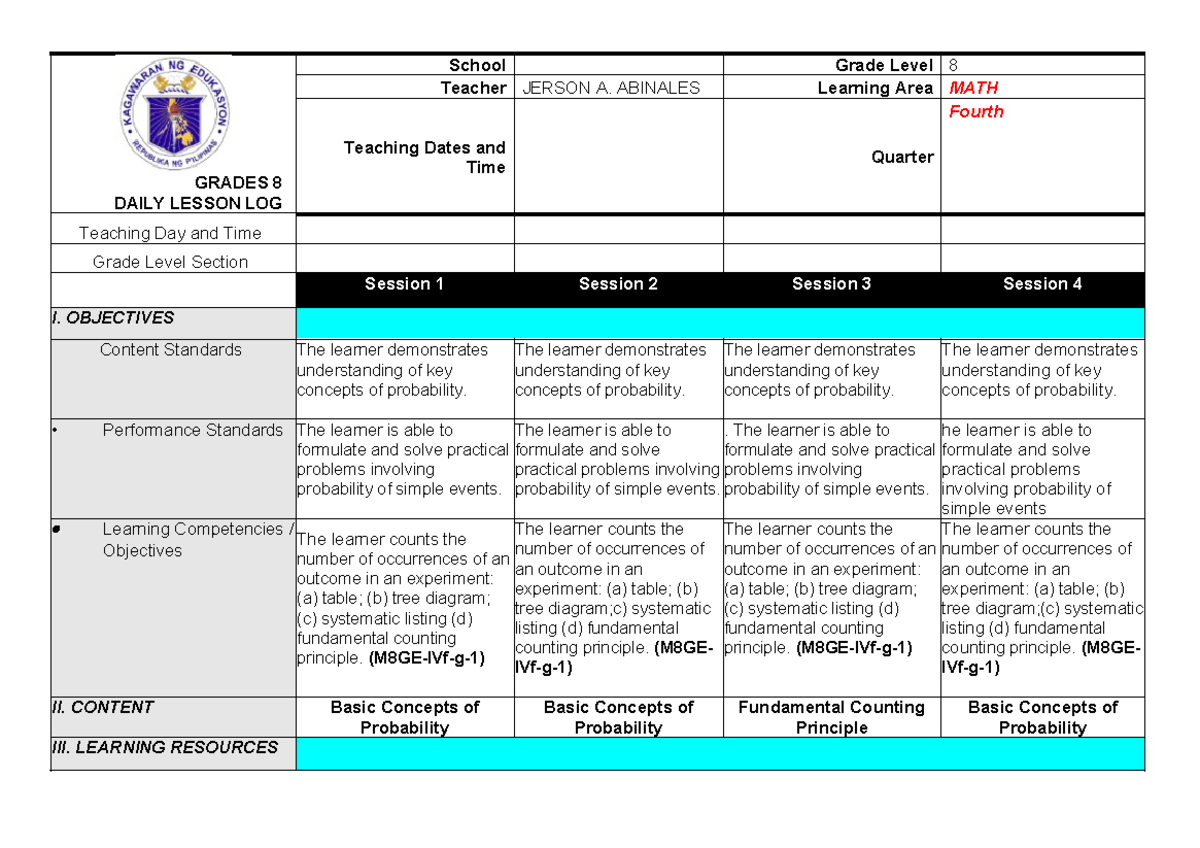 DLL LC54 Fourth -DAY1-4 - GRADES 8 DAILY LESSON LOG School Grade Level ...