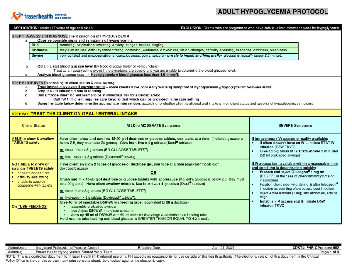 S 5 - Hypoglycemic Protocol - ADULT HYPOGLYCEMIA PROTOCOL Authorization ...