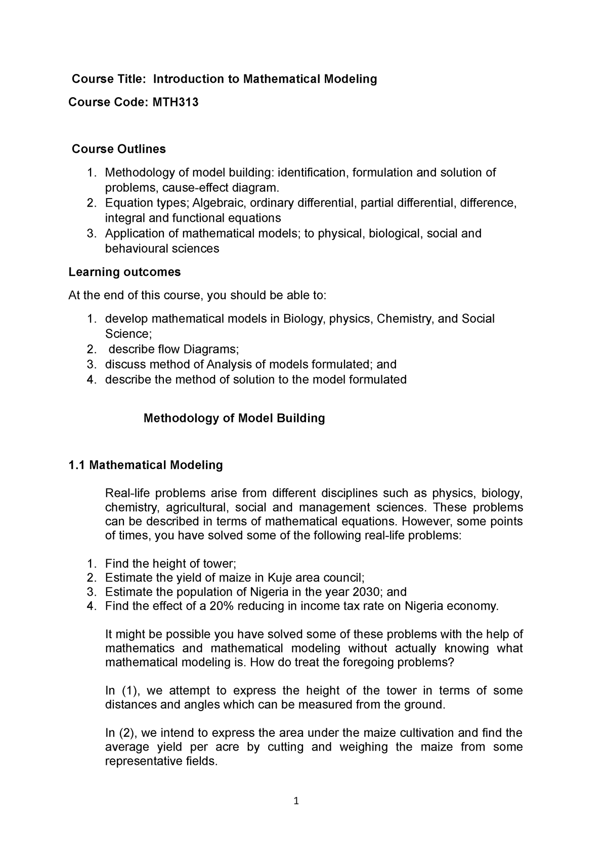 Introduction To Methematical Modelling - Course Title: Introduction To ...