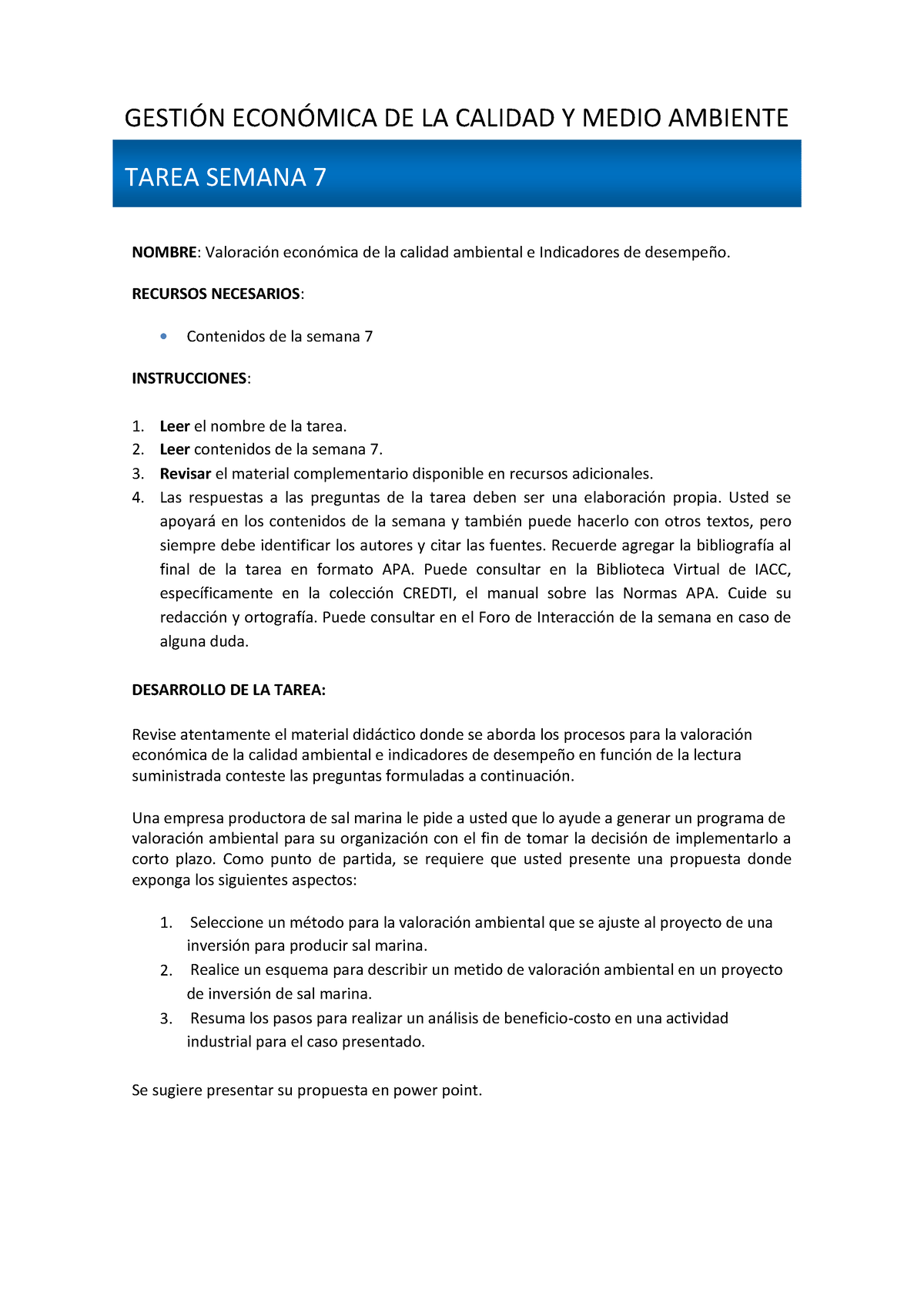 Instrucciones - GESTI”N ECON”MICA DE LA CALIDAD Y MEDIO AMBIENTE TAREA ...