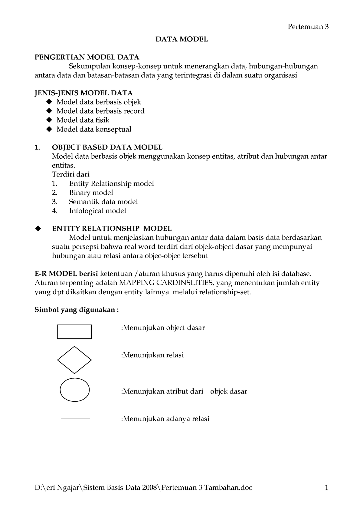 Pertemuan 3 Tambahan - DATA MODEL PENGERTIAN MODEL DATA Sekumpulan ...