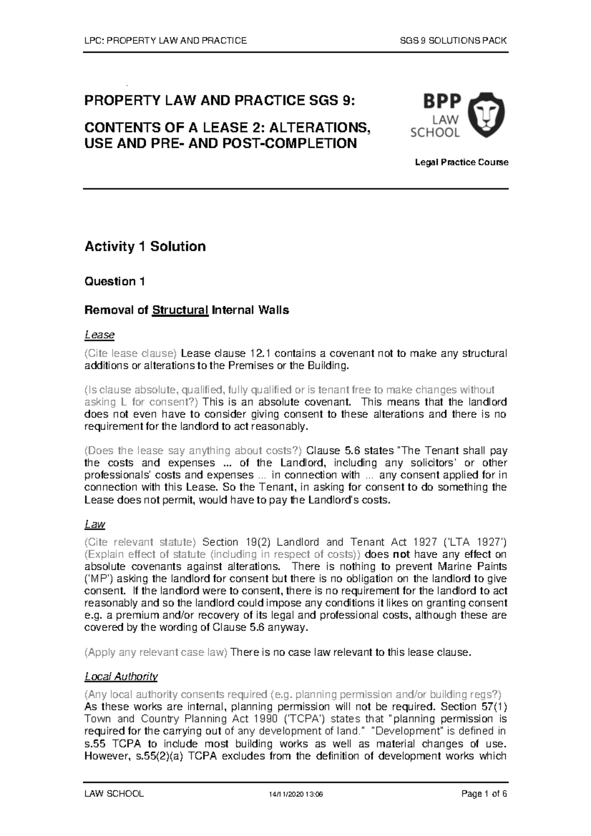 Property SGS 9 Solutions Pack 20222023 LPC PROPERTY LAW AND