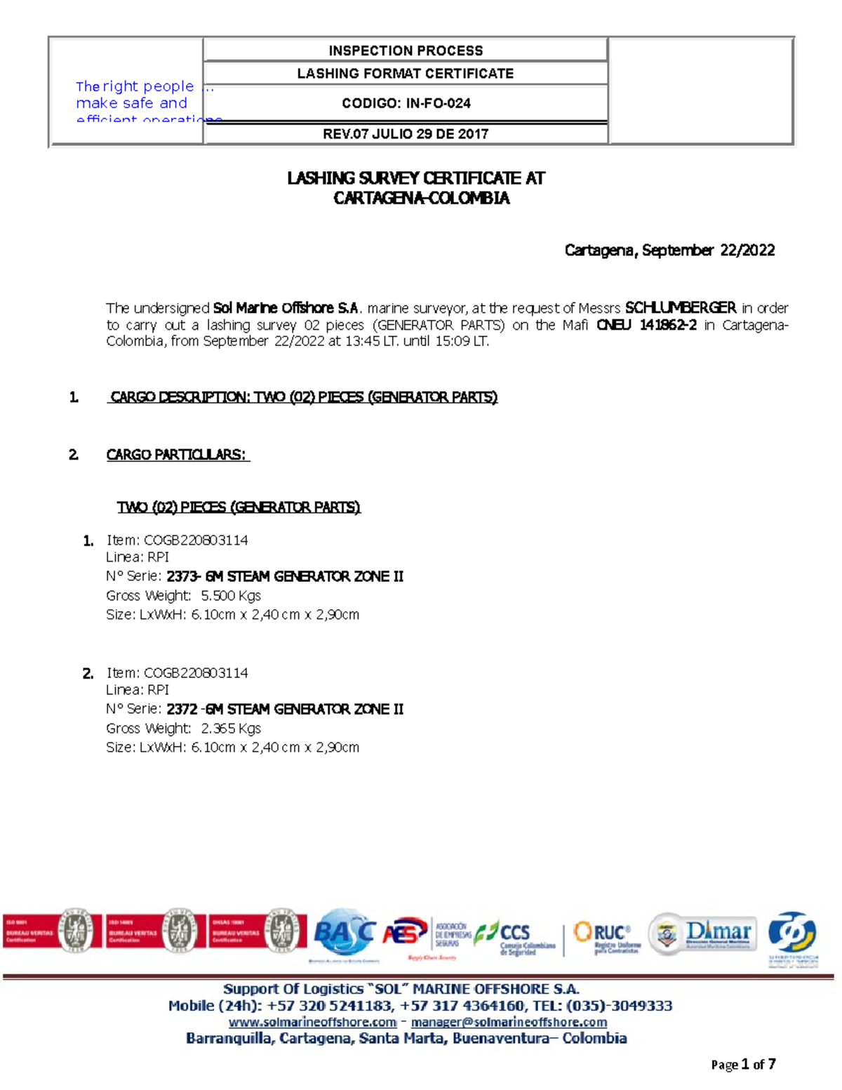 Lashing Survey Certificate. CNEU 1418622 en CartagenaColombia OT17912