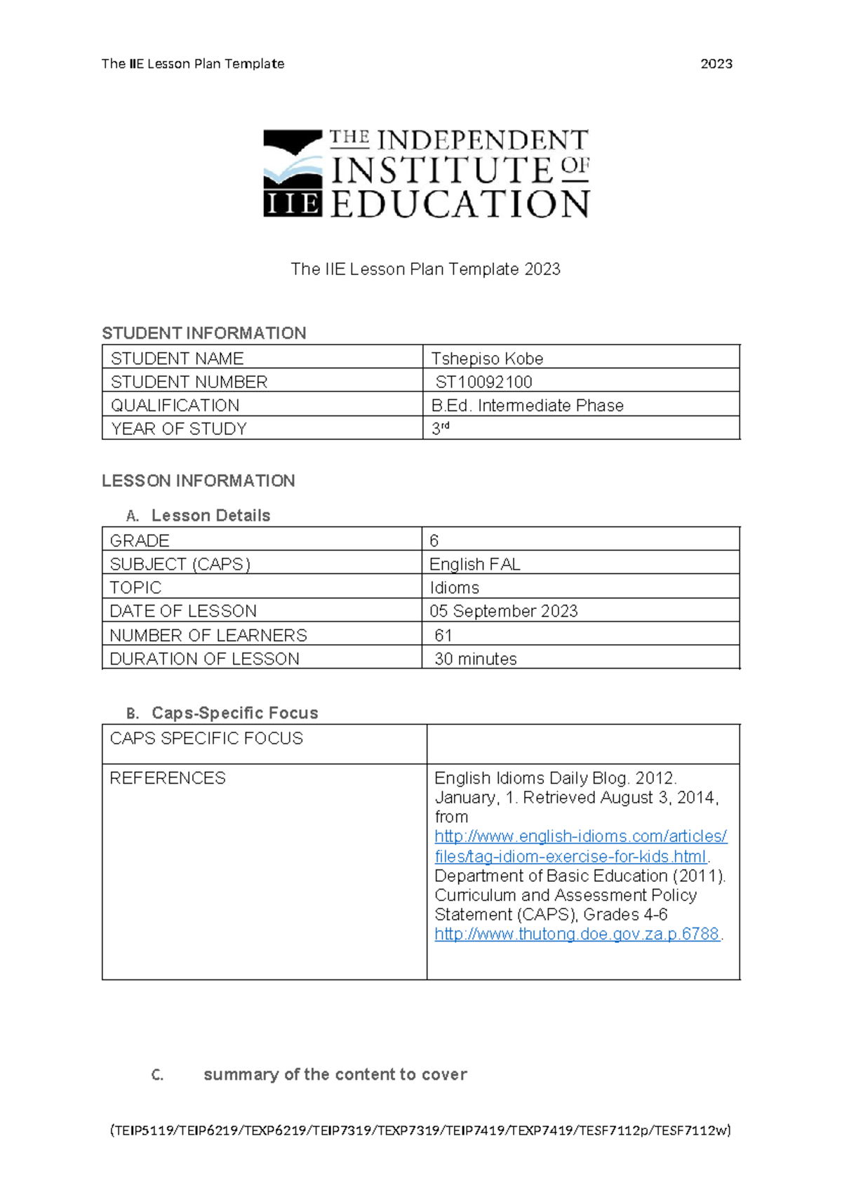 TEIP7319 English - The IIE Lesson Plan Template 2023 STUDENT ...