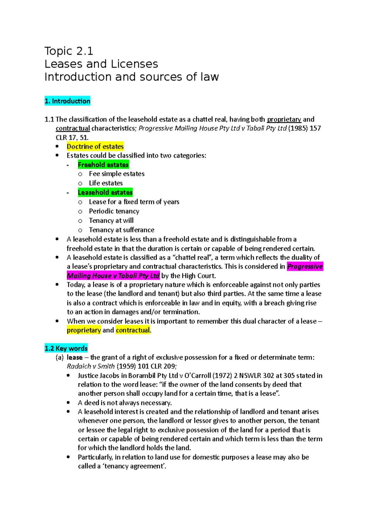 Lecture Recording Notes 2 - Topic 2. Leases and Licenses Introduction ...