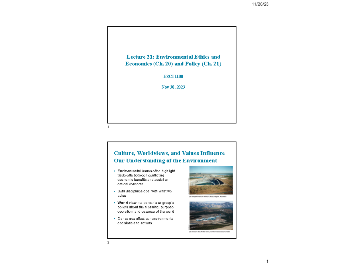 ESCI 1100 Lecture 21 Environmental ethics economics and policy ...