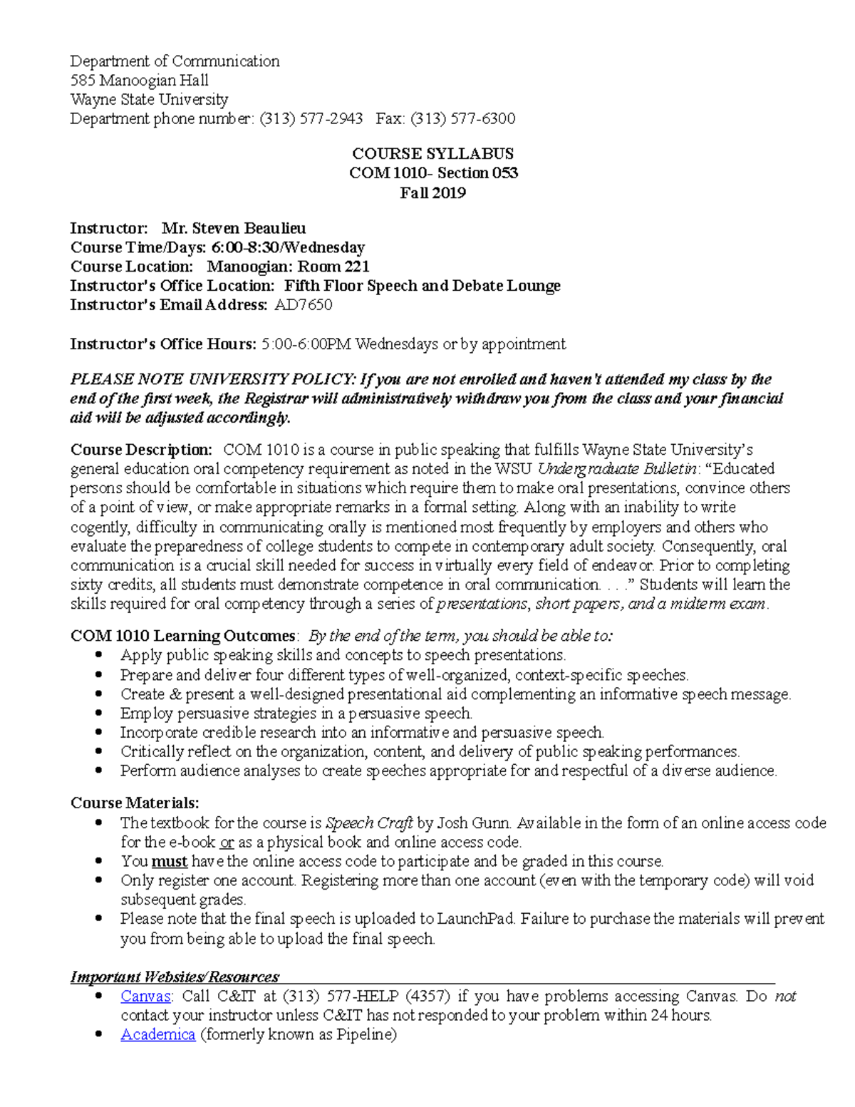 Syllabus Com 1010 2019 2020 Wednesday 1 Studocu