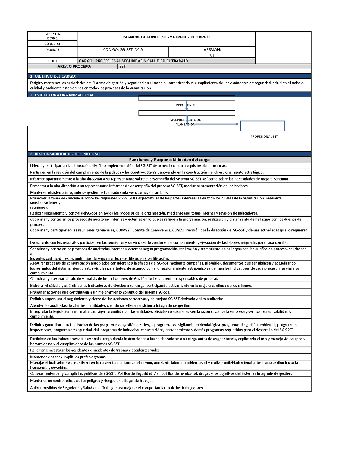 Anexo 6. Perfil DE Cargo (SG-SST DC-6) - VIGENCIA DESDE: MANUAL DE ...