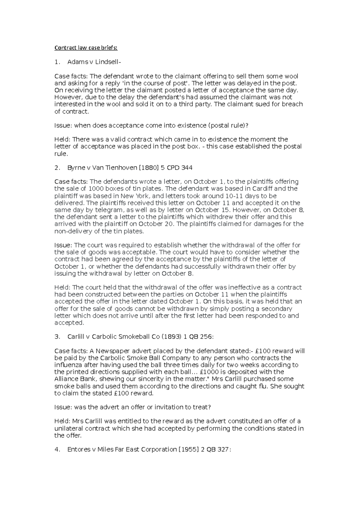 Contract law case briefs Contract law case briefs Adams v Lindsell