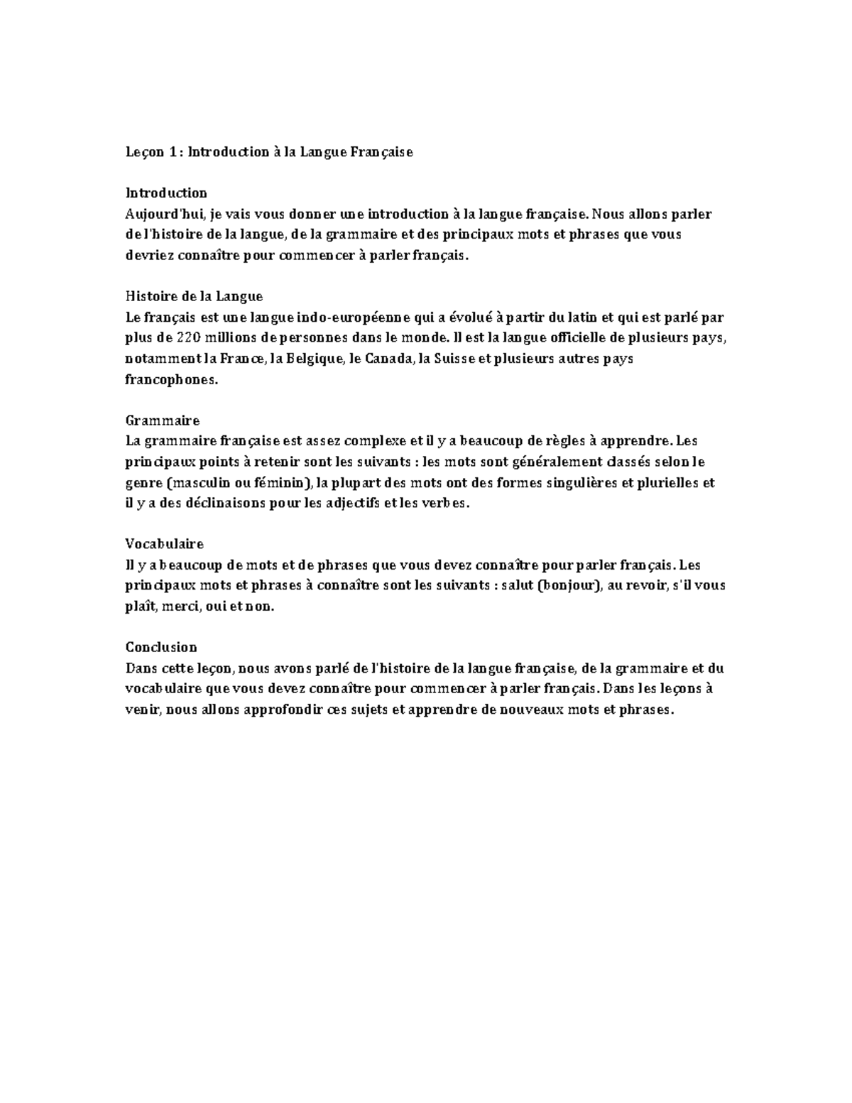 French - Leçon 1 : Introduction à la Langue Française Introduction ...