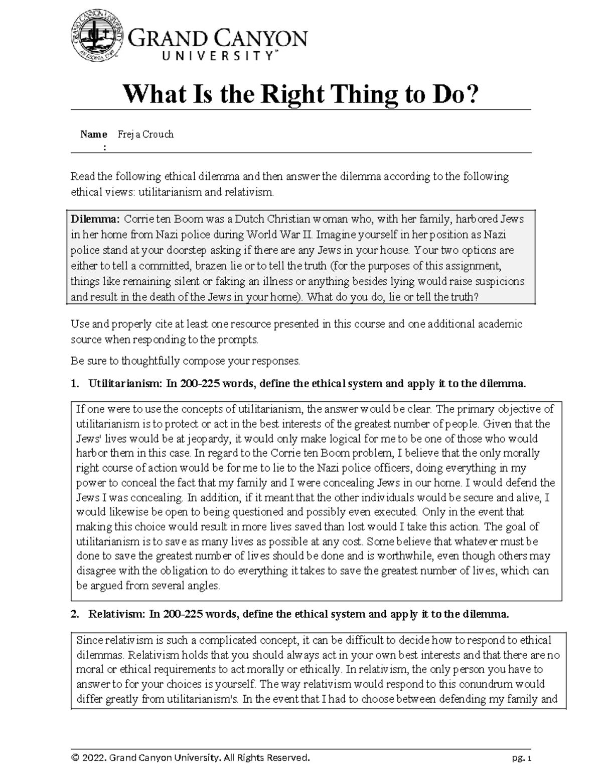 What Is The Right Thing To Do Worksheet F23 Rev What Is the Right Thing to Do? Name Freja