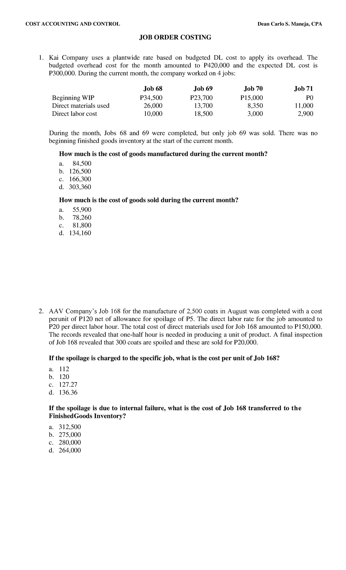 Job Order Costing Discussion - COST ACCOUNTING AND CONTROL Dean Carlo S ...