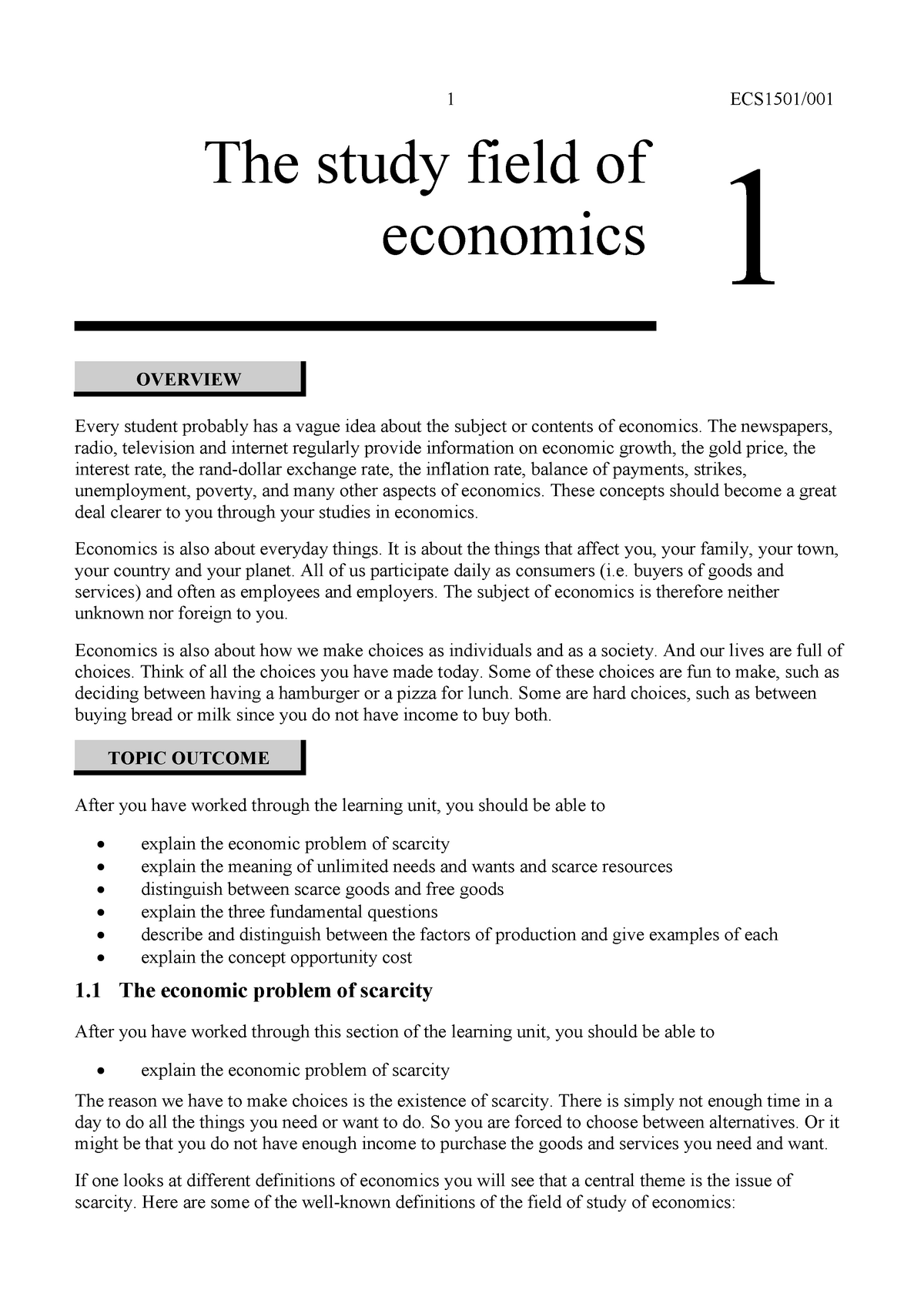 ECS1501 Topic 1 - 1 ECS1501/ The Study Field Of Economics 1 OVERVIEW ...